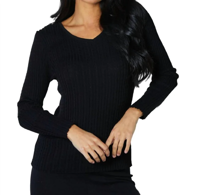 Braided V-Neck Sweater In Black Welt Pockets Slit Pockets Flap Pockets