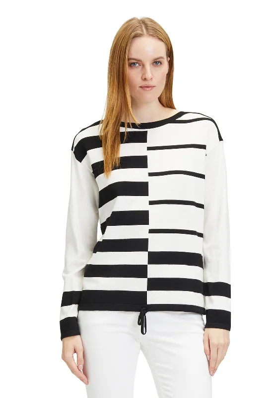 Betty Barclay Drawstring Detail Stripe Knitted Jumper, Black & Cream Handmade Hand-knitted Hand-woven