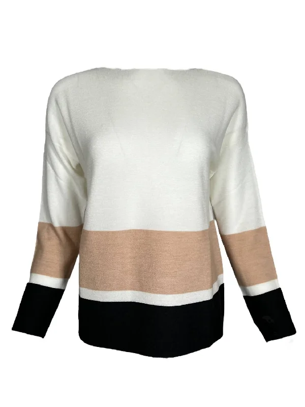 Women Stripes Pullover Sweater In Cream Tailored Straight A-Line