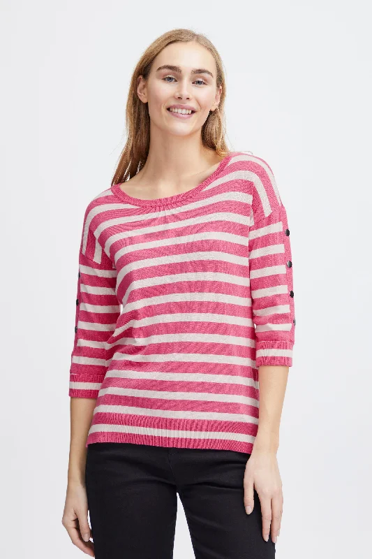 Fransa Besmock Striped Knitted Sweater, Carmine Rose High Neck Crew Neck V-Neck