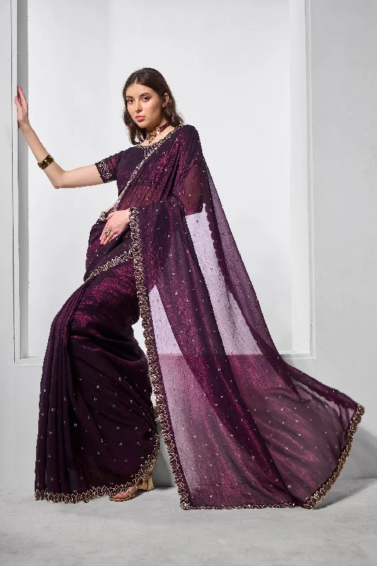 Women Party Wear Heavy Embroidery Worked Crunchy Chiffon Silk Saree with Un Stitched Blouse Drape Neck Blouse Women Party Wear Heavy Embroidery Worked Crunchy Chiffon Silk Saree with Un Stitched Blouse Drape Neck Blouse