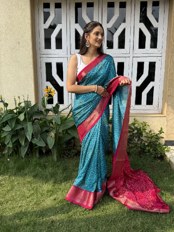 Women Party Wear Bandhani Foil Printed Marsh Mellow Silk Saree with Un Stitched Blouse Satin Bow Blouse Women Party Wear Bandhani Foil Printed Marsh Mellow Silk Saree with Un Stitched Blouse Satin Bow Blouse