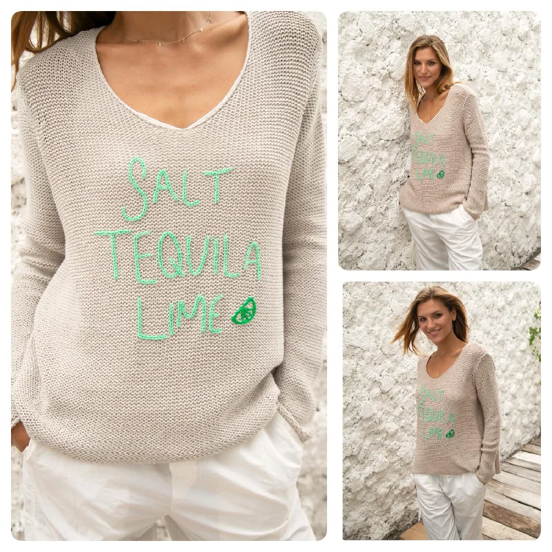 Salt Tequila Lime V Neck Cotton Sweater In Khaki Front Pockets Side Pockets Patch Pockets