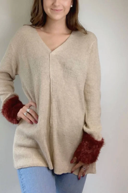 V Neck Sweater With Fur Accent Cuffs In Camel And Rust Boat Neck Shawl Collar Notched Collar
