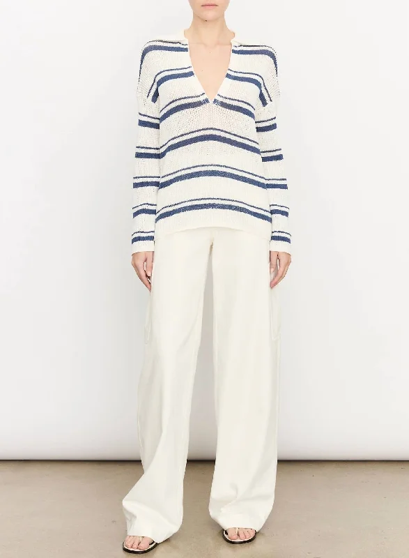 Racked Ribbed Pullover Sweater In Navy/off White Embroidered Appliqued Beaded
