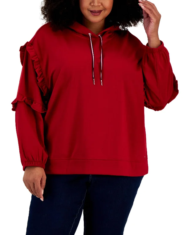 Plus Size Ruffled-Sleeve Hoodie Hoodie with Lace Feminine Delicate