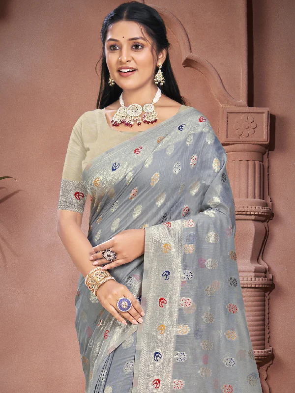 Women Grey Cotton Saree With Un Stitched Blouse Chic Square Blouse