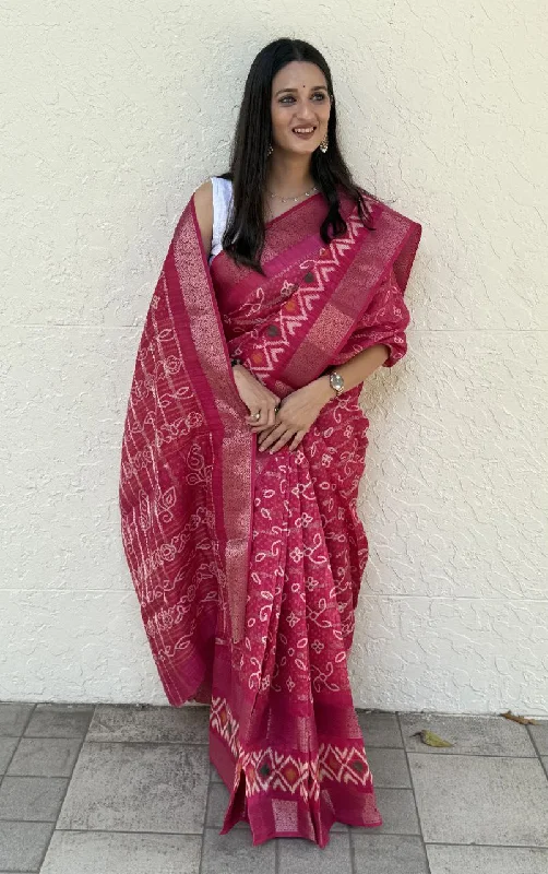 Women Party Wear Bandhej Print Pure Candy Cotton Silk Saree with Un Stitched Blouse Chic Off-Shoulder Blouse Women Party Wear Bandhej Print Pure Candy Cotton Silk Saree with Un Stitched Blouse Chic Off-Shoulder Blouse