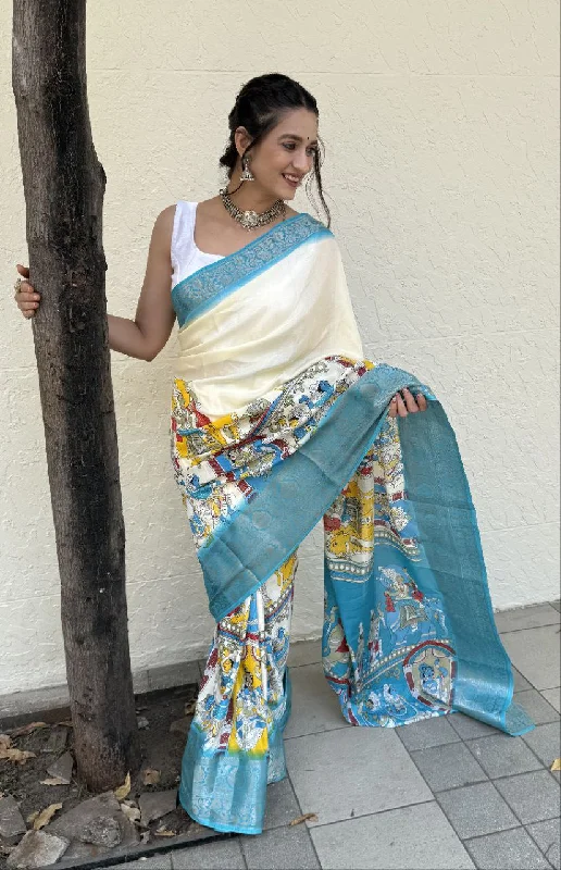 Women Party Wear Flower Print Dhola Silk Saree with Un Stitched Blouse Off-Shoulder Wrap Blouse Women Party Wear Flower Print Dhola Silk Saree with Un Stitched Blouse Off-Shoulder Wrap Blouse