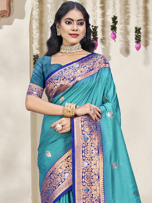 Women Sky Blue Silk Saree With Un Stitched Blouse Pastel Color Blouse