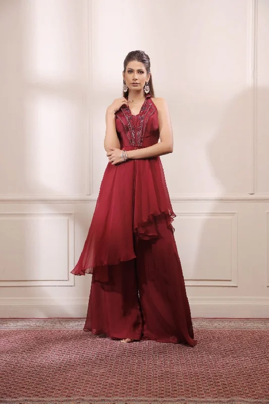 Ruby red asymmetric kurta with flared organza pants Slim-Fit Leggings