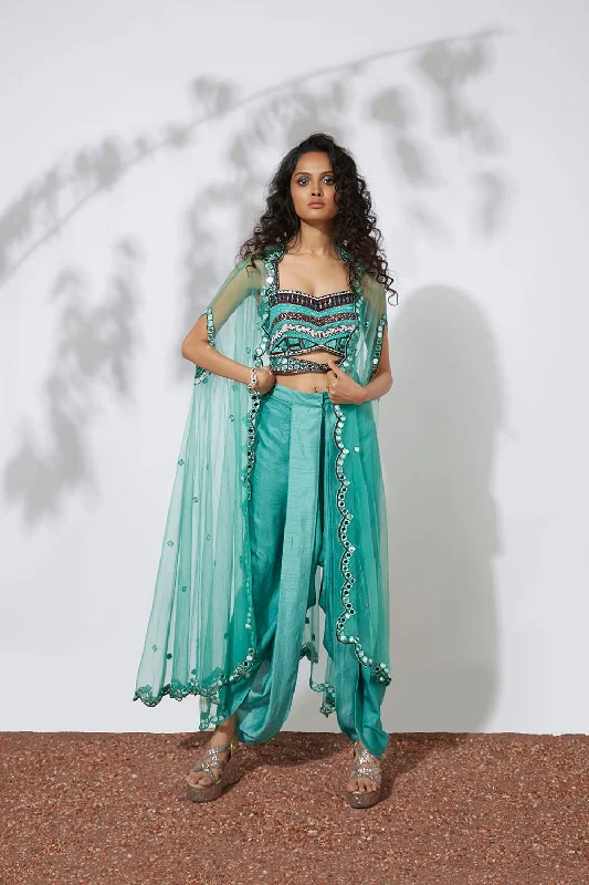 AQUA DHOTI PANTS WITH EMBROIDERED CHOLI & NET CAPE Trendy Printed Leggings
