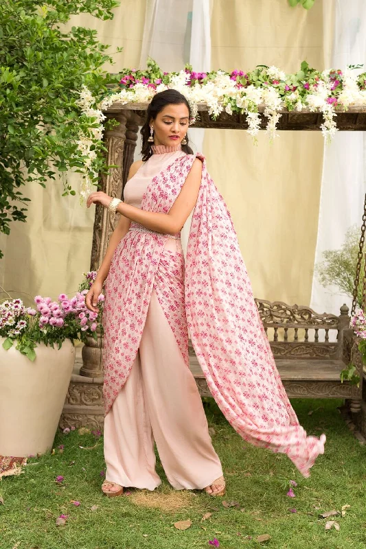 Nude Pink Tribal Booti Pant Saree With Embroidered Belt Relaxed Casual Leggings