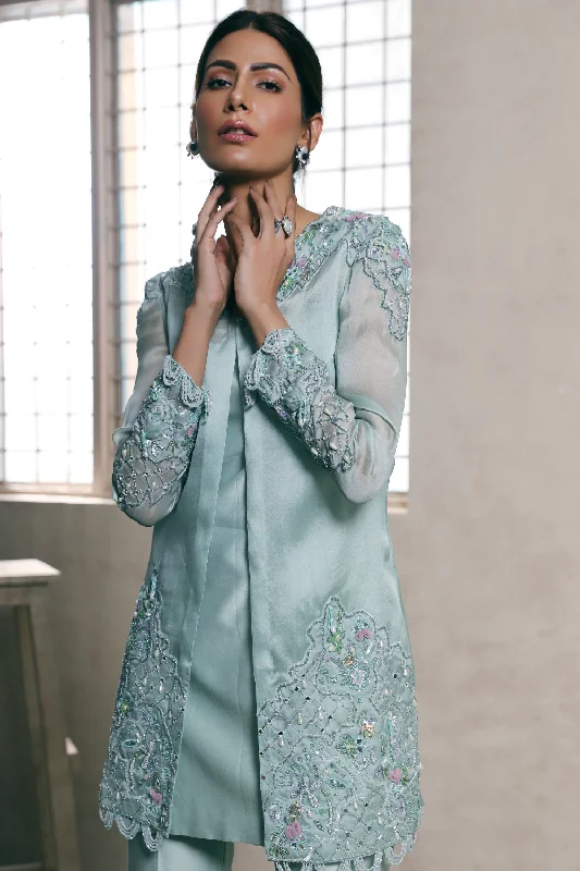 Mint Organza Hand Embroidered tunic with pants set Classic Straight-Leg Pants