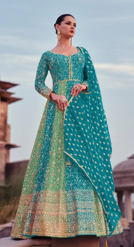 Sky Georgette Embroidered  Anarkali Kurti With Pant Dupatta High-Waist Jogger Pants