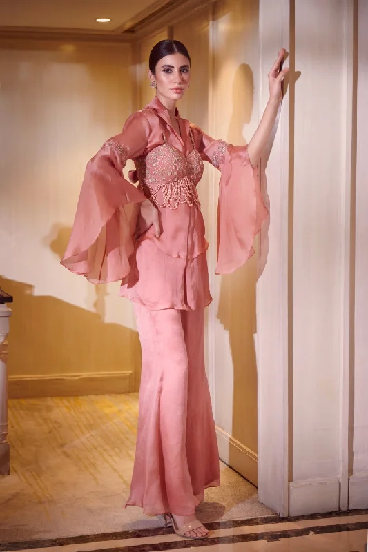 Pink Coral Pant Set with an Embroided Tassel Bouse on Top Casual Wide Pants