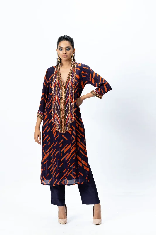 Printed Embroidered Kurta with Violet Pants Lightweight Linen Pants