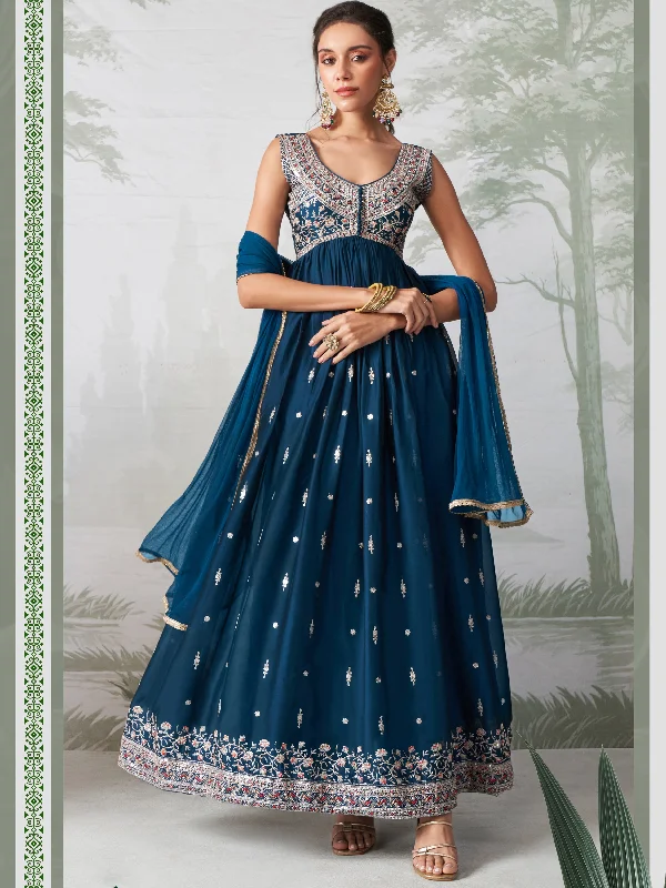 Teal Blue Georgette Sequins Embroidered  Anarkali Gown With Pant Dupatta Trendy Velvet Pants