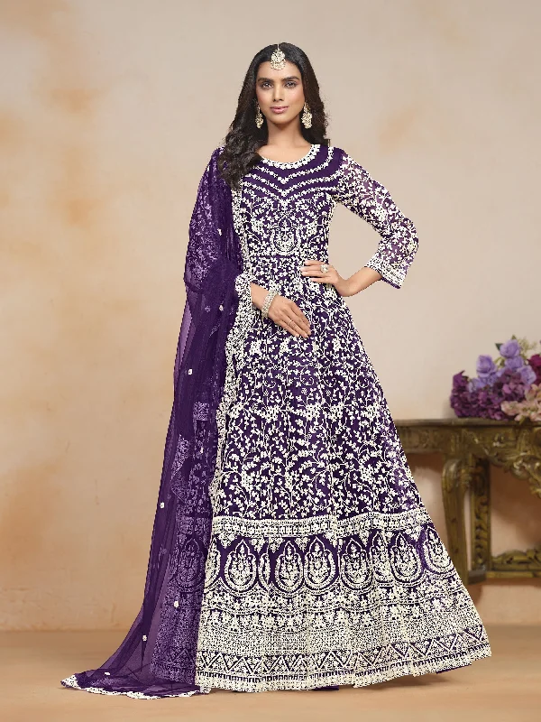Purple Net Embroidered  Anarkali Kurti With Pant Dupatta Chic Black Leggings