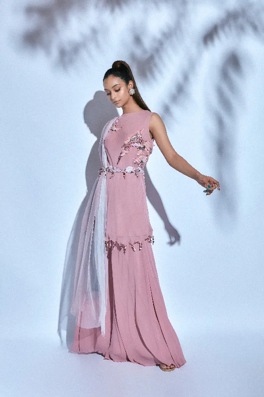 Pink Hand-embroidered Kurti paired with Pink Palazzo Pants, Pink Belt and Tulle Dupatta Trendy Tapered Pants