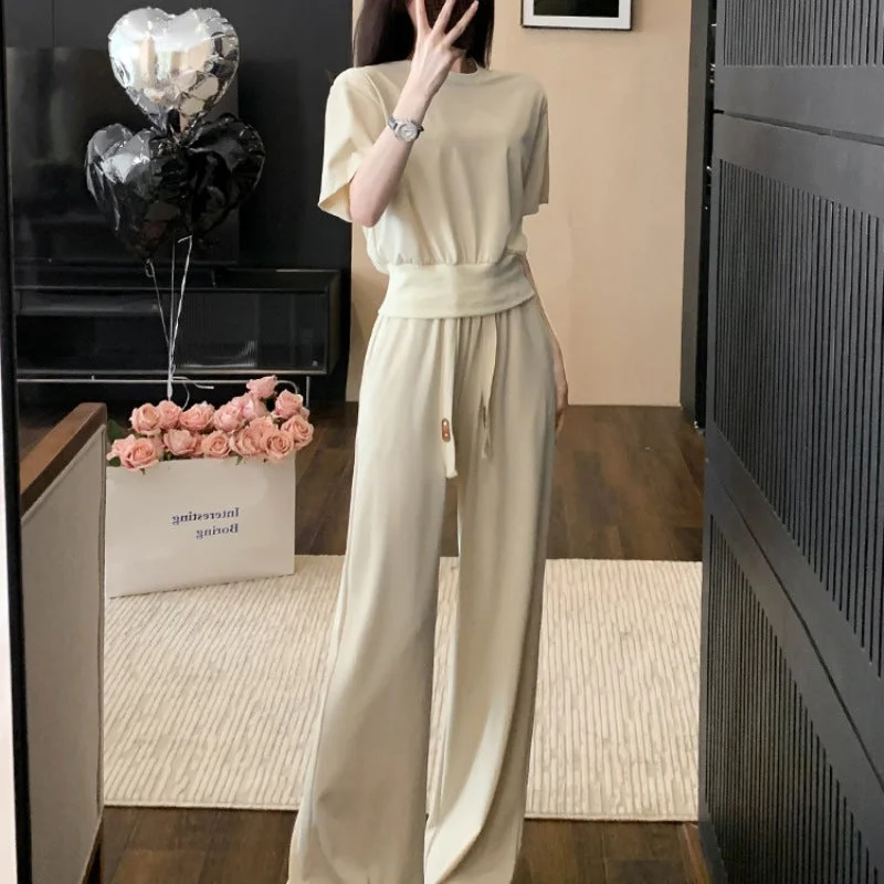 High-End Casual Sports Suit Women's Summer Wear Slimming and Fashionable Anti-Aging Elegant Solid Color Short-Sleeved Wide-Leg Pants Two-Piece Set Stretch Fit Pants