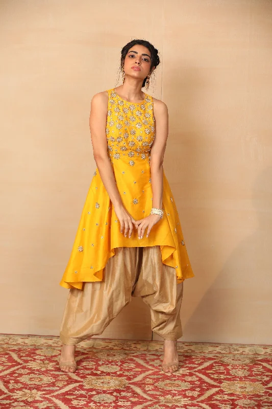 Mellow Mustard High Low Kurta With Afghani Pants Comfortable Pleated Pants