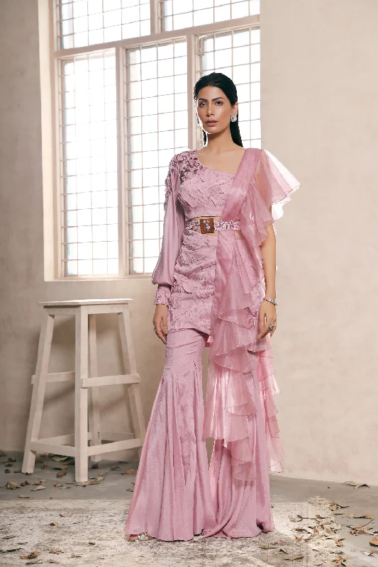 Lilac Flare cut pants with Embroidered tunic and organza ruffle dupatta set Soft Wool Pants