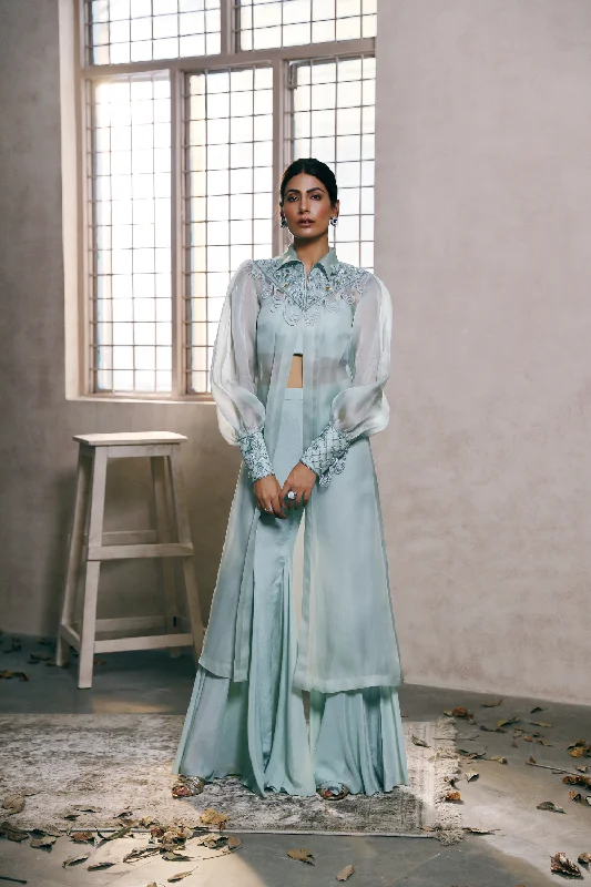 Mint Organza long Cape with Flare cut Bell Bottom Pants set Comfortable Denim Pants