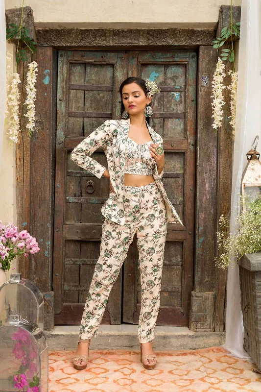 Off White Printed Pant Suit Modern Bootcut Pants