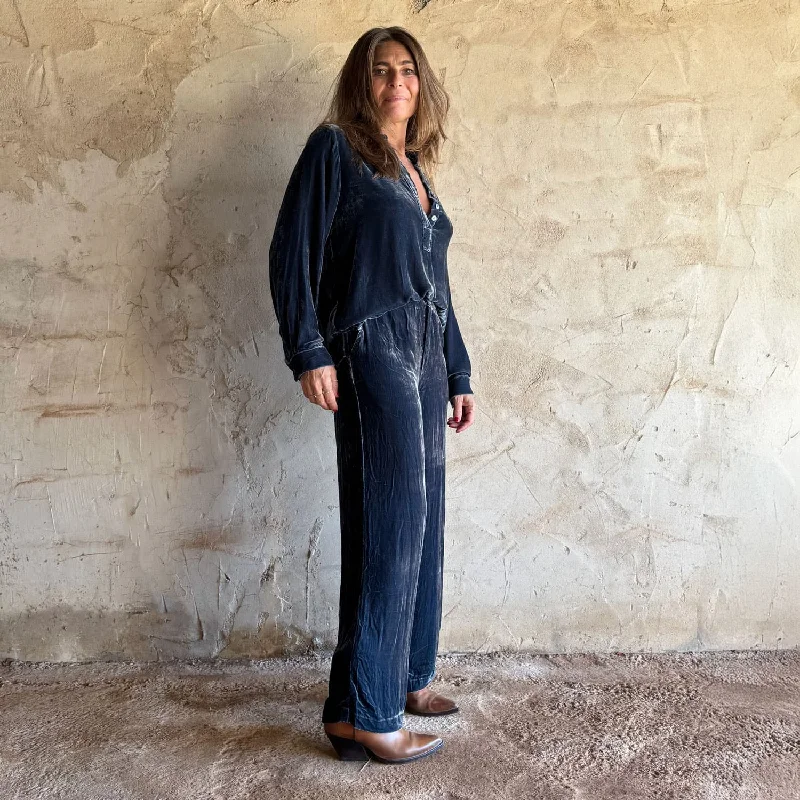 Ella Pants - Women - SV Silk Velvet - S055 Aegean Blue Cozy Full-Length Pants