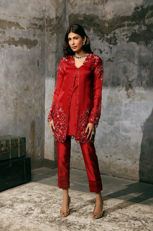 Red Organza Hand Embroidered tunic with pants set Cozy Maternity Pants