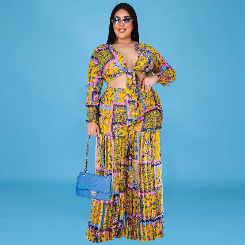 Plus Size Women's Pleated Two-Piece Pants Set Classic Straight Pants