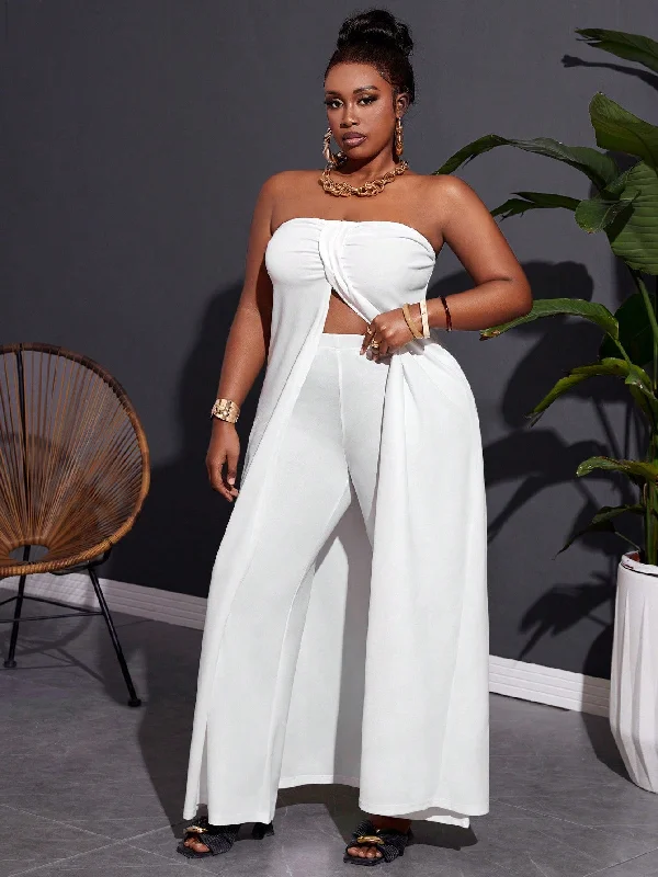 Plus Size Elegant Strapless Front Middle Slit Loose Long Top And Pants Set Slim Fit Casual Pants