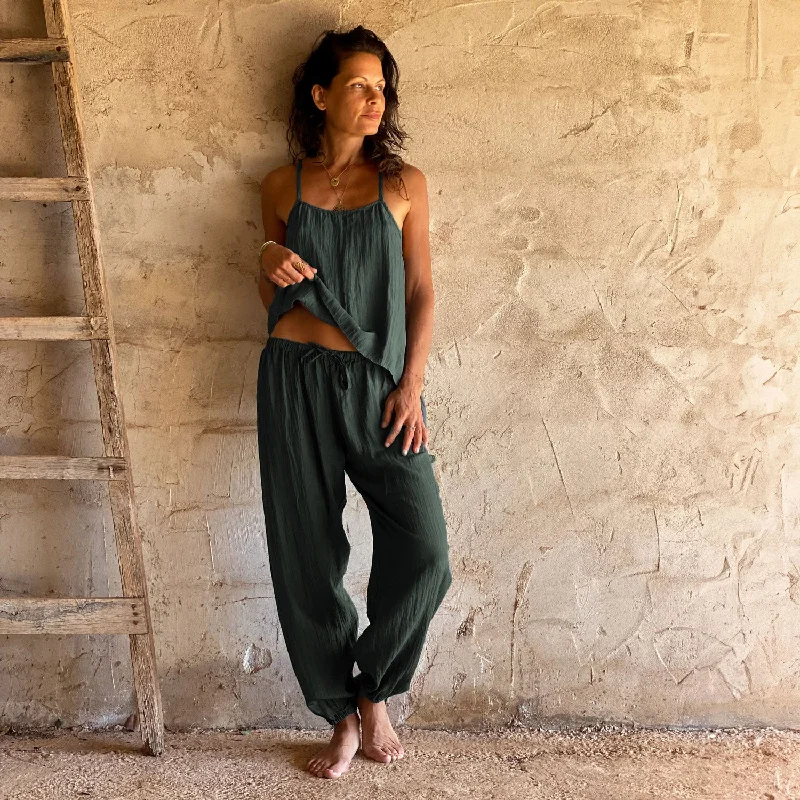 Joe Pants - Women - HS Habotai Silk 40 - S021 Dark Green Grey Trendy High-Waist Trousers