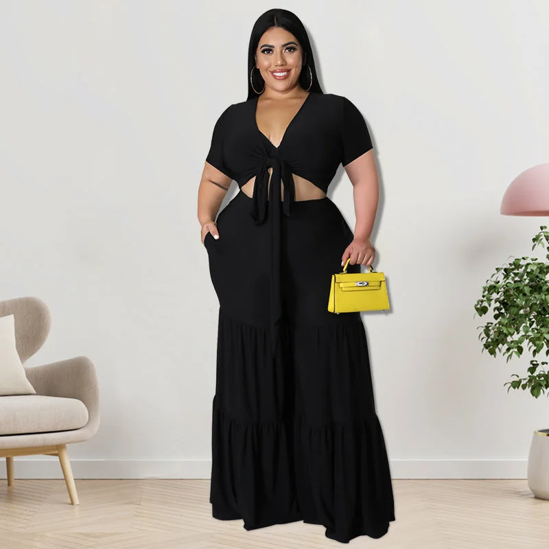 Plus Size Two-Piece Wide-Leg Pants Set Formal Linen Trousers