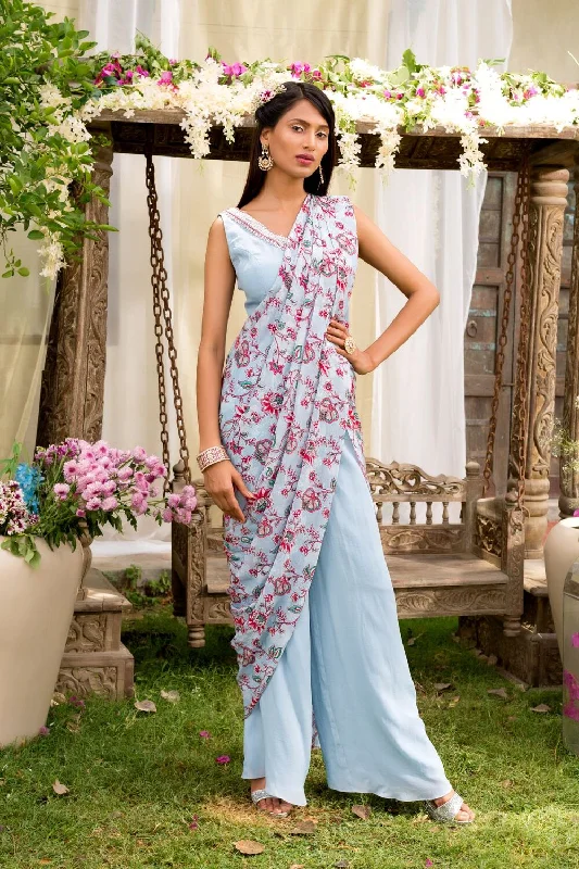 Powder Blue Printed Pant Saree Formal Stretch Pants