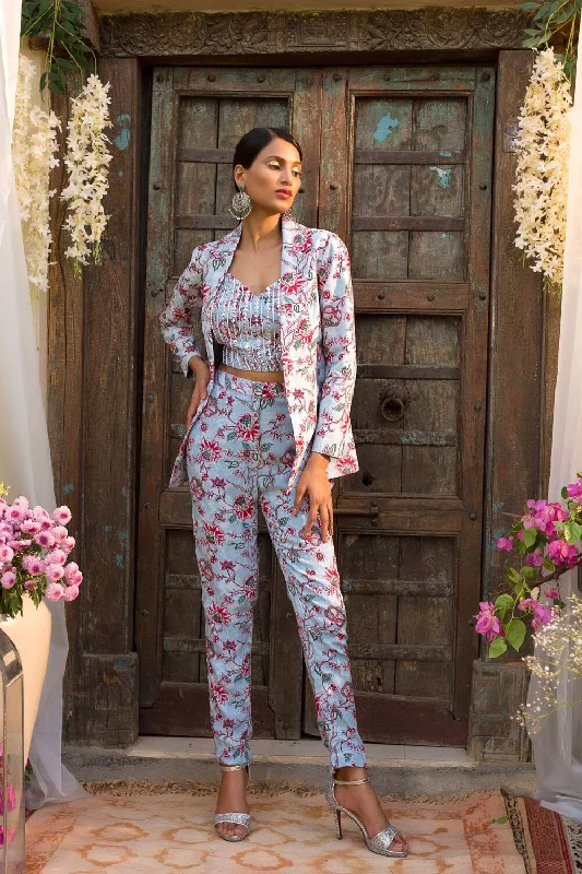 Powder Blue Printed Pant Suit Elegant Dress Pants