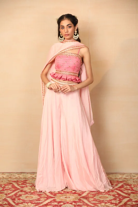 Celeste Pink Bustier And Flared Pants Stylish Paperbag Waist Pants