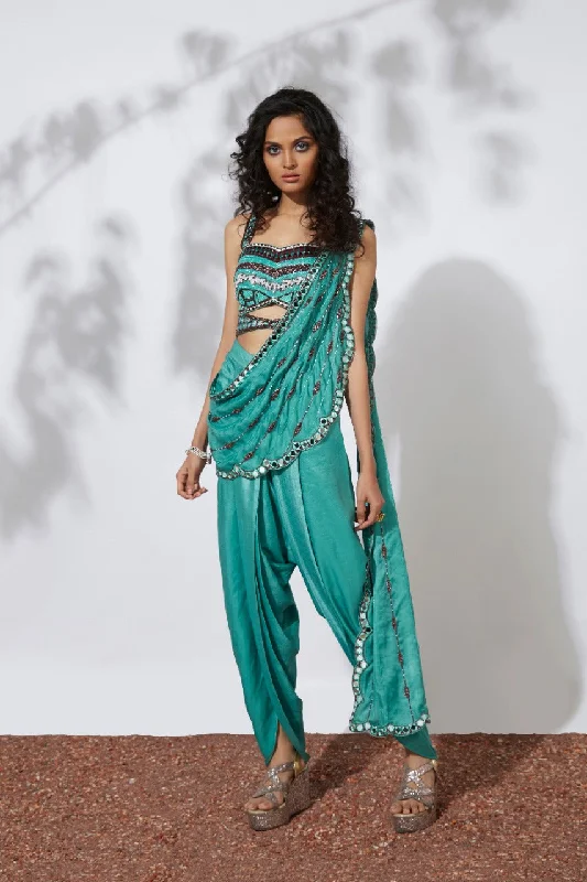 Aqua Dhoti Pants Sari With Embroidered Choli Elegant Wool Trousers
