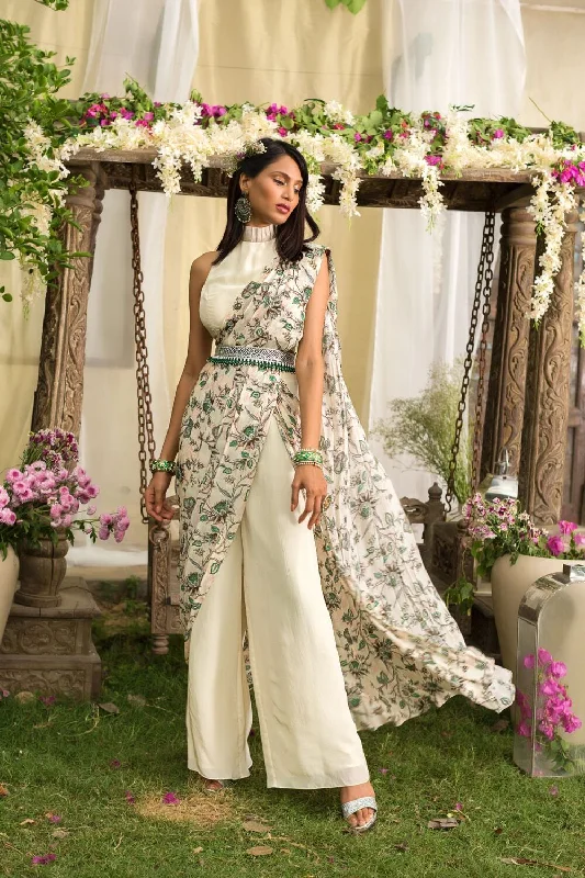 Off White Printed Pant Saree With Embroidered Belt Casual Yoga Pants