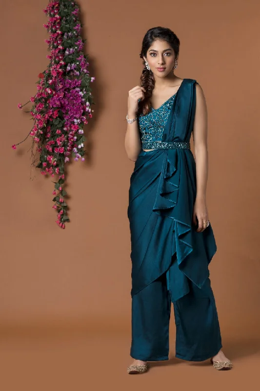 TEAL DRAPED PANT SARI SET Fashionable Sporty Pants