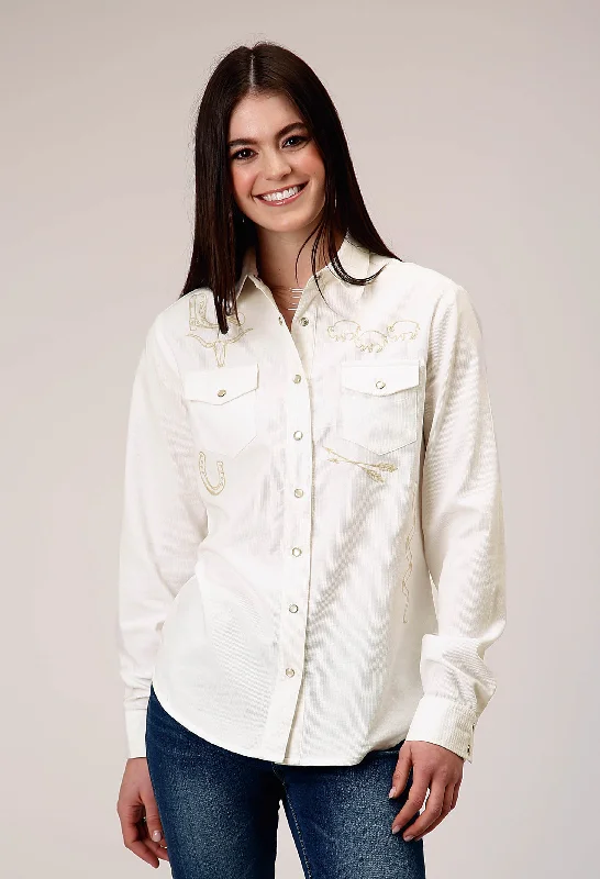 WOMENS LONG SLEEVE SNAP CREAM CORDUROY WESTERN BLOUSE WITH EMBROIDERY DECORATION Chic Square Blouse