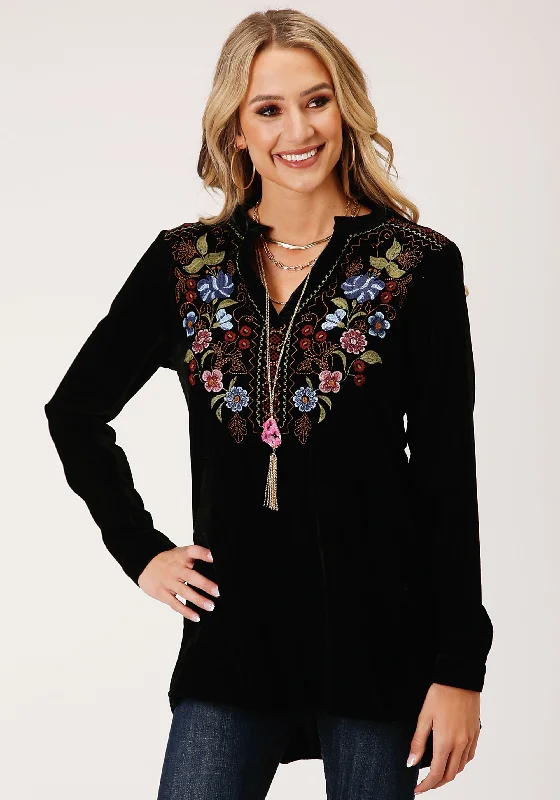 WOMENS LONG SLEEVE BLACK VELVET TUNIC TOP BLOUSE Oversized Silk Blouse