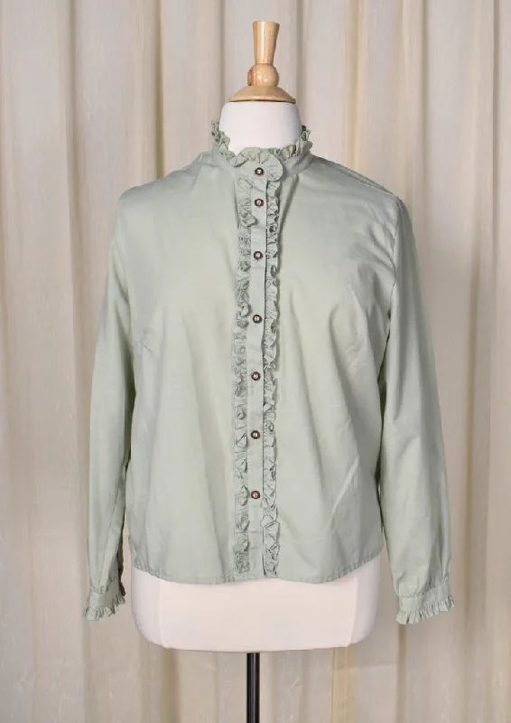 1980s Celery Green Ruffle Blouse Satin Long Blouse