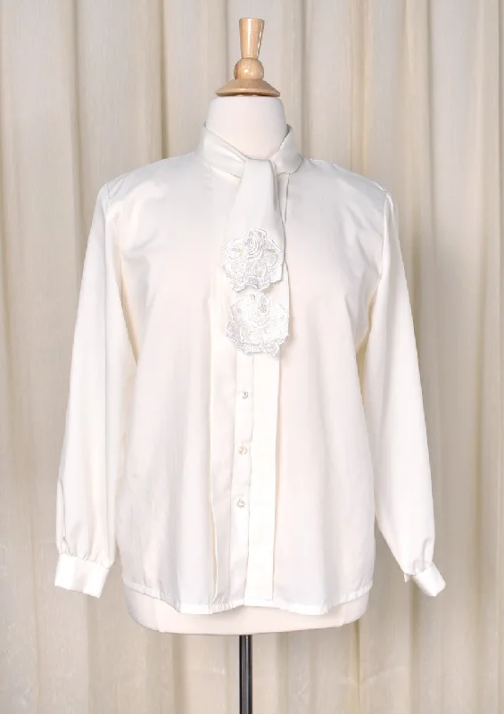 1980s Cream Rose Pearl & Sequin Blouse Loose Fit Blouse