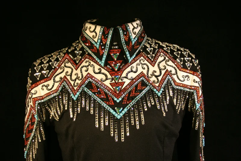 2000 Black Rust Turquoise Show Blouse, Ladies L,  8637-8 Elegant Office Blouse