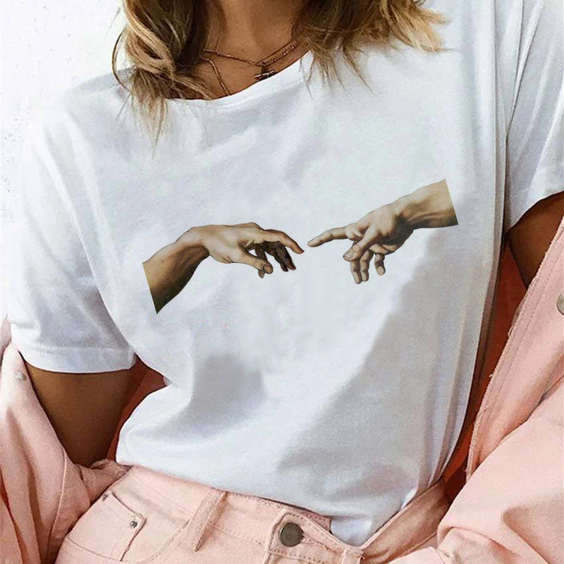 2019 Shirt Korean Women Fashion David Michelangelo Print Blouses Fashion Harajuku Short Sleeve Plus Size White Women Shirts Tops Everyday Stylish Blouse