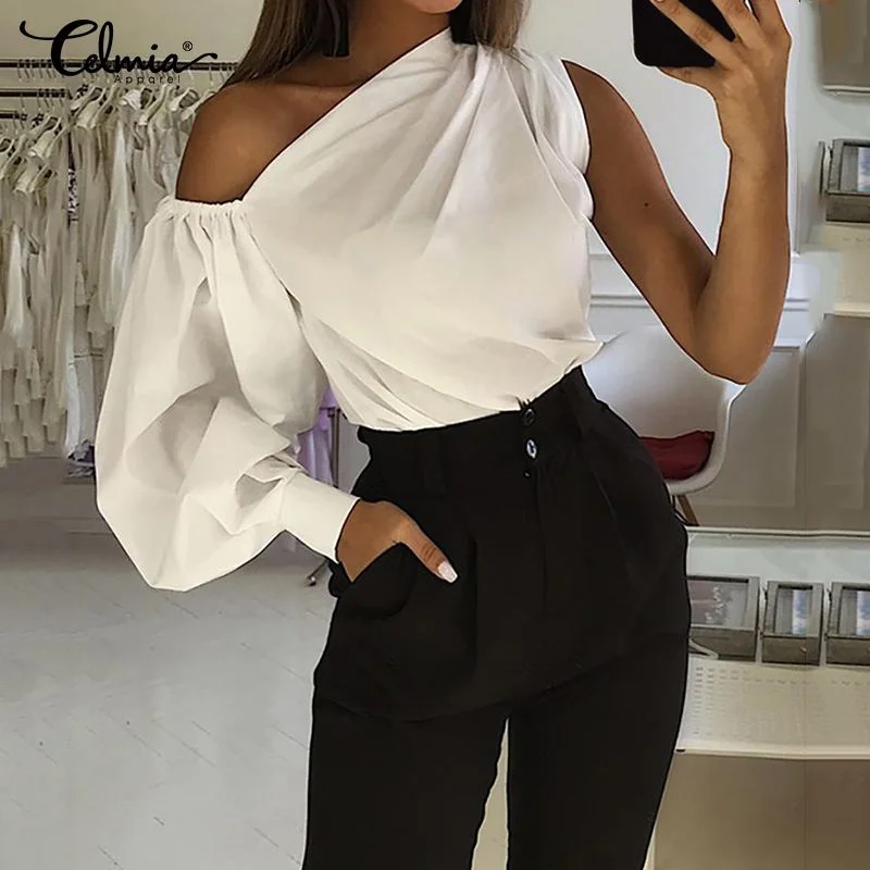 2020 Celmia Women Fashion Long Sleeve Shirts Plus Size Solid Cold Shoulder Blouses Casual Loose Tops Ladies Elegant Work Blusas Lightweight Chiffon Blouse