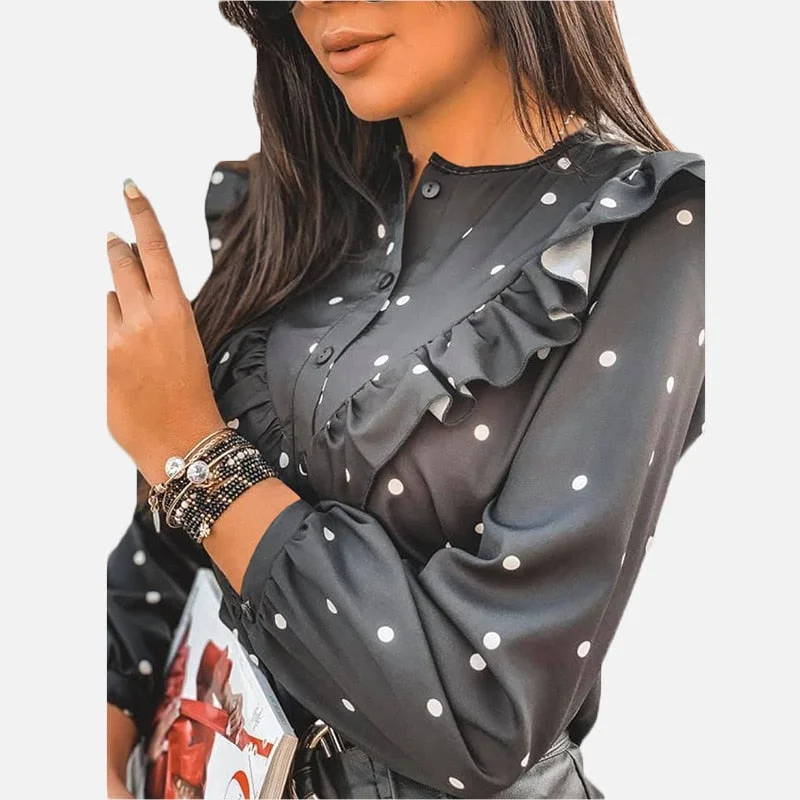 2020 Ruffle Polka Dot Print Women's Blouse O-neck Buttons Long Sleeve Blouses Female Spring Summer Casual Shirt Lady Clothes Chic Ruffle Blouse