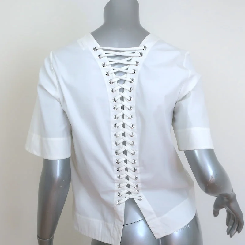 A.L.C. Lace-Up Back Top White Stretch Cotton Size 4 Short Sleeve Blouse Stretchy Fitted Blouse